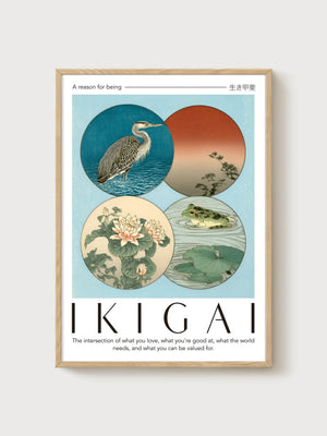 Ikigai Japanese Wall Art poster in oak frame