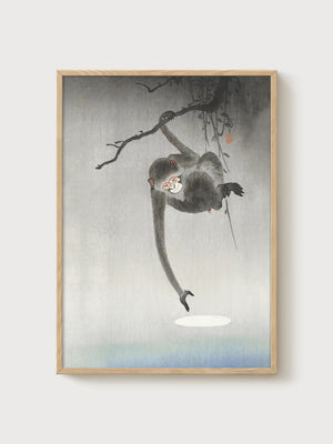 Japanese Monkey Woodblock Print poster in oak frame
