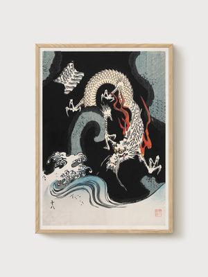 Dragon Woodblock Print poster in oak frame