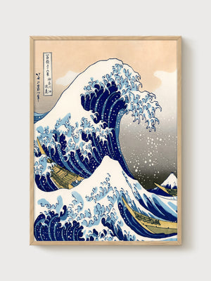 Hokusai The Great Wave Print poster in oak frame