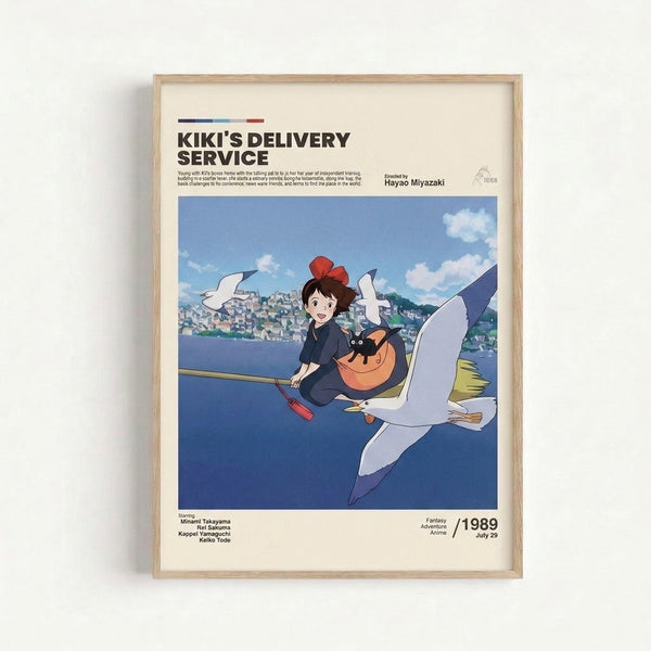 Studio Ghibli poster art depicting a joyful girl soaring above rooftops with her cat and bird friend, rendered in warm cream, sky blue, and deep blue tones with pops of red and orange.