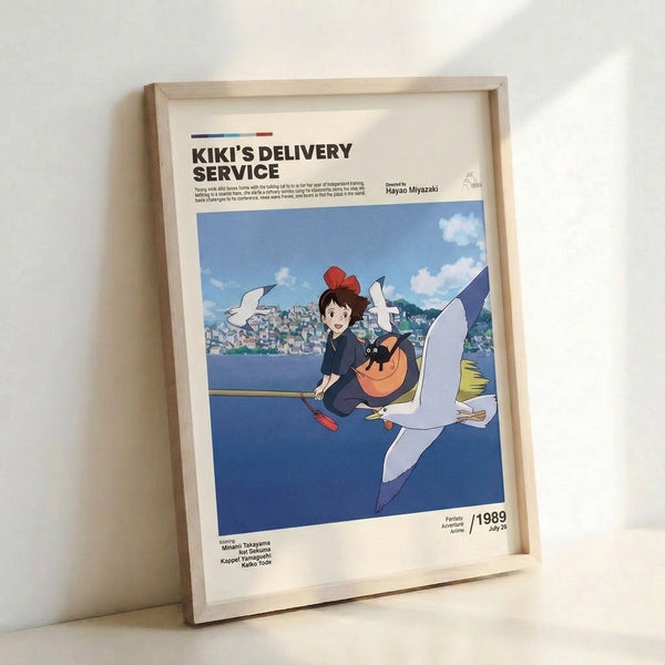 Retro-style anime poster showing a cheerful girl gliding through the air above a coastal town landscape, accompanied by her black cat, in soft cream and vibrant blue hues reminiscent of classic Studio Ghibli animation.