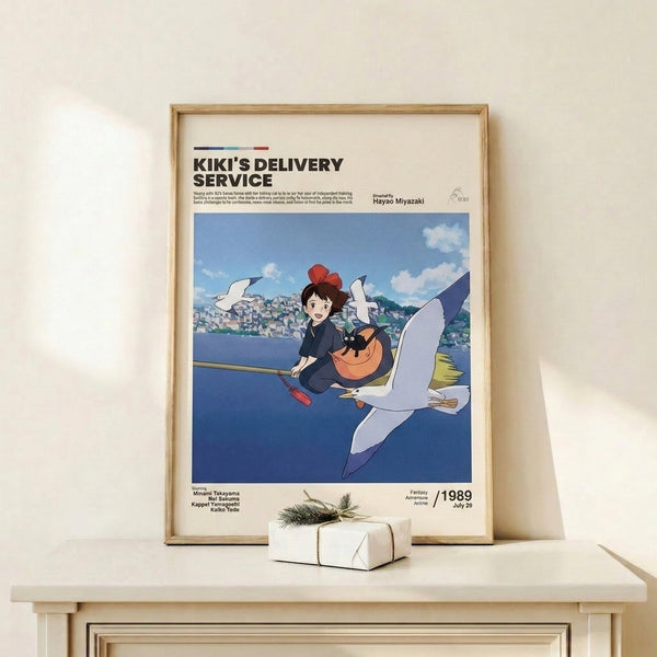 Framed art print capturing the magical essence of a girl's seaside adventure with her feline and avian companions, featuring the distinctive warm color palette and whimsical charm of Studio Ghibli artwork.