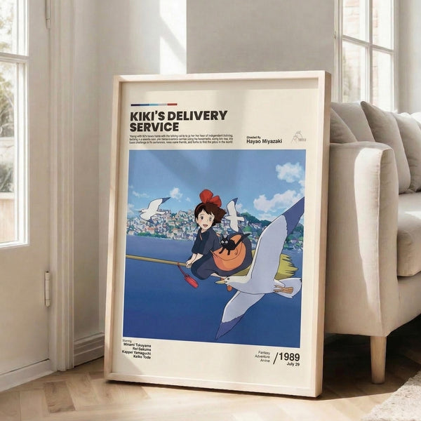 Japanese anime poster with adventurous imagery of a girl flying over a picturesque town with her black cat and bird, rendered in beautiful cream, sky blue, and deep blue with accents of red and orange.