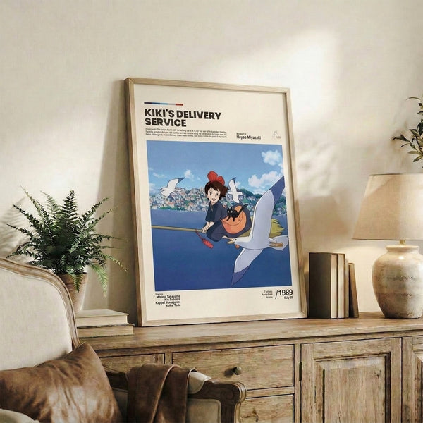 Vintage-inspired anime wall art featuring a girl mid-flight above a charming seaside setting, her beloved cat and bird at her side, in the iconic soft color palette of Studio Ghibli's most cherished films.