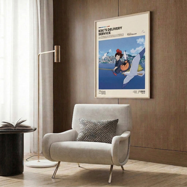 Whimsical poster art showcasing a young girl soaring joyfully over rooftops and seaside scenery with her black cat companion and bird friend, painted in warm cream and cool blue tones with Studio Ghibli's signature style.