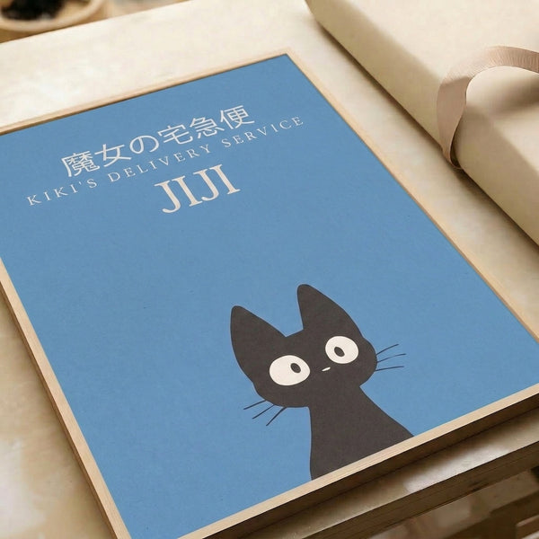 Minimalist framed art print featuring a black cat illustration in soft cream and charcoal against a peaceful sky blue ground.