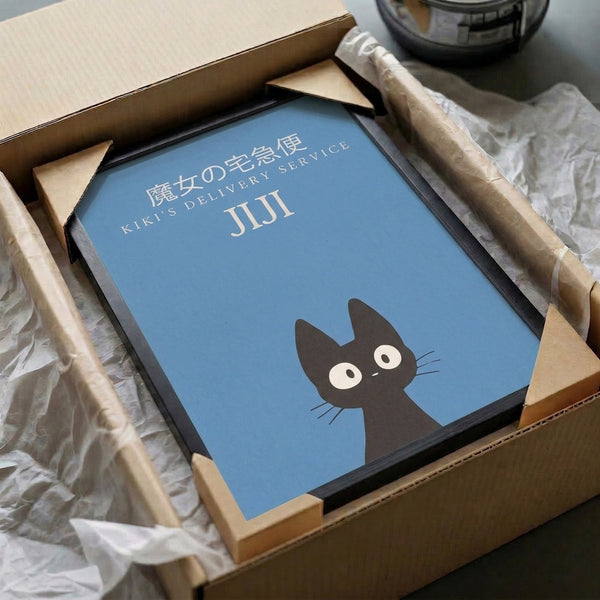 Japanese anime-inspired poster with a solitary black cat rendered in gentle, minimalist lines against a calming blue and cream palette.