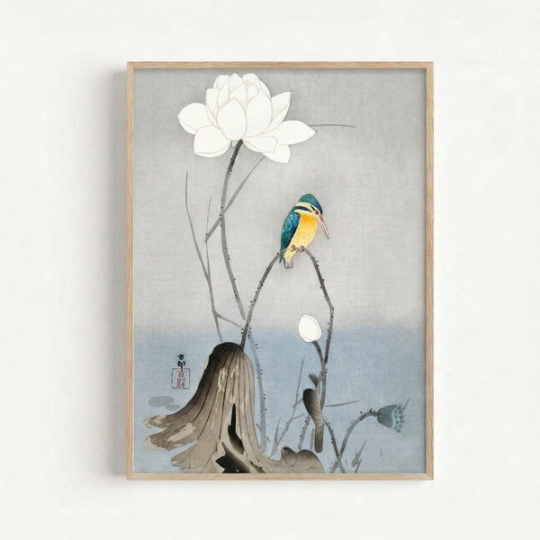 Minimalist Japandi wall art depicting an elegant kingfisher among lotus blooms and leafy stems in a contemplative palette of cream, charcoal, and teal-blue hues.