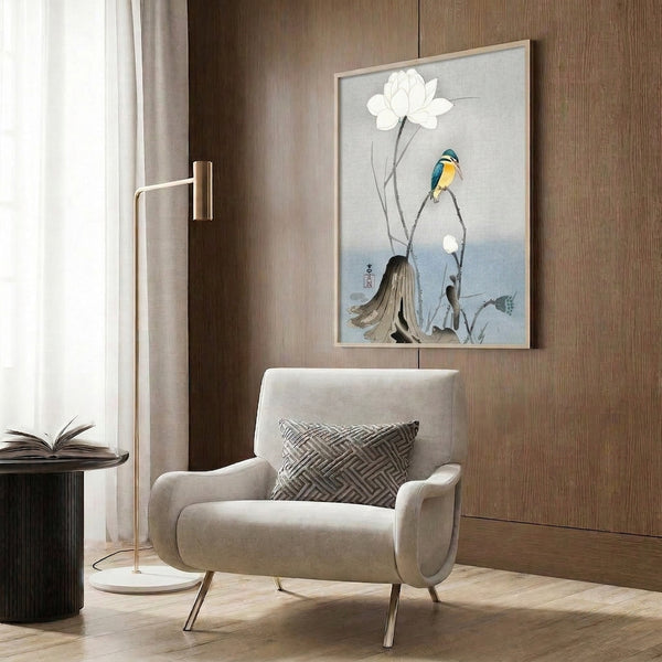 Japanese aesthetic framed print of a poised kingfisher near blooming white lotus flowers with minimalist foliage in cream, teal-blue, and gentle charcoal tones.