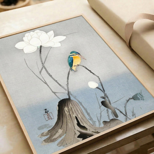 Serene Japandi-style art print showing a graceful kingfisher with white lotus flowers and organic branches in a soft palette of cream, blue, yellow, and gray.