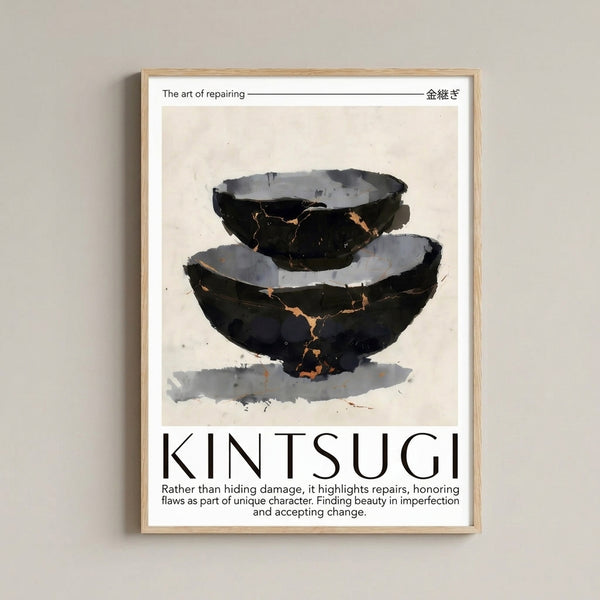 Contemporary wall art print showing a grey and cream pottery bowl mended with golden seams, reflecting Japanese zen aesthetics and meditative calm.