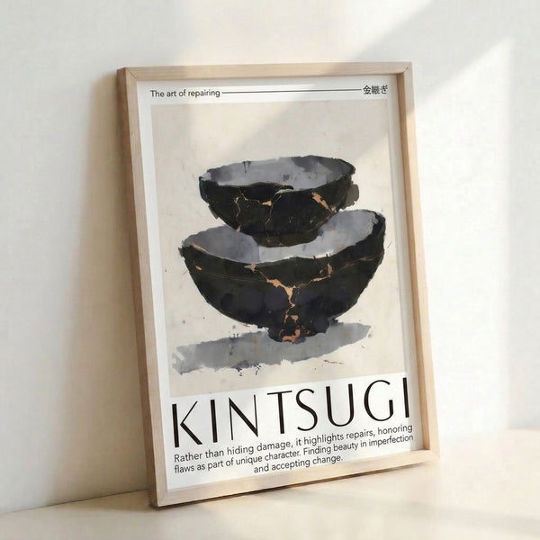 Modern japandi poster depicting a damaged ceramic vessel restored with lustrous gold accents, celebrating resilience and finding beauty in brokenness.