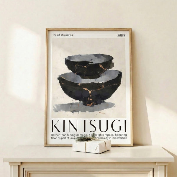 Framed minimalist artwork of a white and charcoal bowl with glowing golden kintsugi repairs, evoking contemplation and peaceful acceptance.