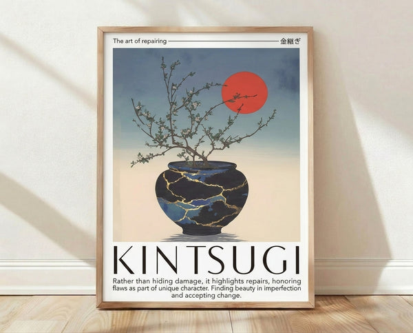 Serene minimalist poster of a kintsugi-inspired vase holding a delicate bonsai tree, rendered in slate blue, gold, and cream tones with coral accents, embodying wabi-sabi philosophy and Japandi aesthetics.
