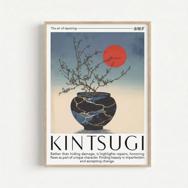Contemplative Japandi wall art featuring a fractured bowl with golden seams cradling a small bonsai, set against a peaceful palette of charcoal and soft blues, evoking zen garden tranquility.