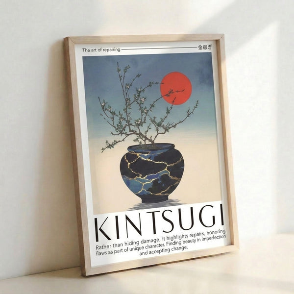 Modern minimalist print depicting a kintsugi vase with stylized bonsai and rising sun motif in coral red, slate blue, and gold, capturing philosophical acceptance and serene Japanese design sensibilities.
