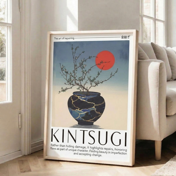 Framed poster of a kintsugi vessel with graceful bonsai silhouette and golden repair lines, rendered in calming slate blue and cream with coral details, reflecting wabi-sabi and Japandi interior style.