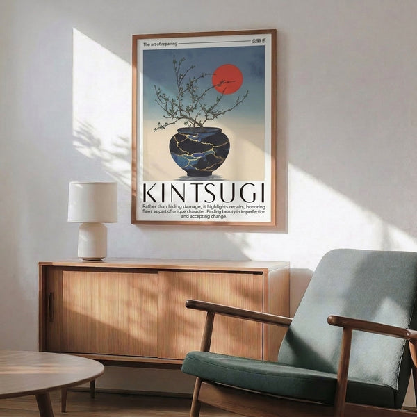 Zen-inspired wall art showing an artfully cracked ceramic bowl with bonsai tree and sun symbol, executed in minimalist style with slate blue, gold, charcoal, and coral palette.