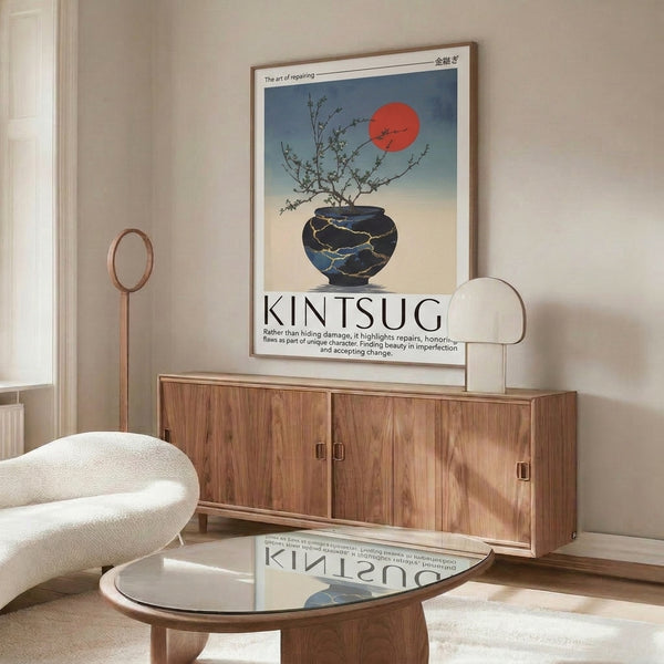 Contemplative Japandi poster featuring a kintsugi bowl holding a delicate bonsai amid soft cream and slate blue tones with warm gold accents, embodying serene philosophical acceptance.