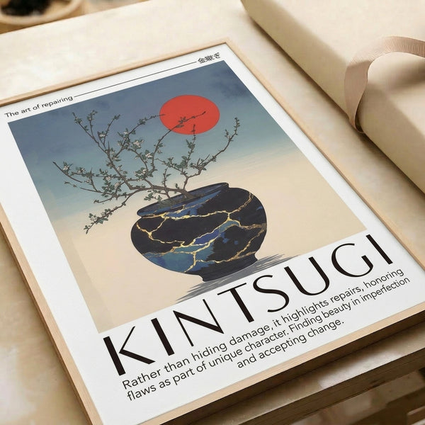 Modern minimalist framed art of a fractured vessel with golden seams, bonsai plant, and sun motif in charcoal, slate blue, coral, and cream, celebrating wabi-sabi and Japanese aesthetic tradition.