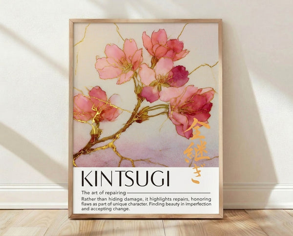 Serene watercolor cherry blossom branch with gold leaf accents in dusty pink and rose tones, framed art print embodying Japandi and wabi-sabi aesthetics.