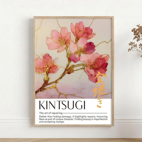 Elegant Art Nouveau-inspired cherry blossom painting featuring delicate blossoms, gold detailing, and cream background in calming pink and olive hues.