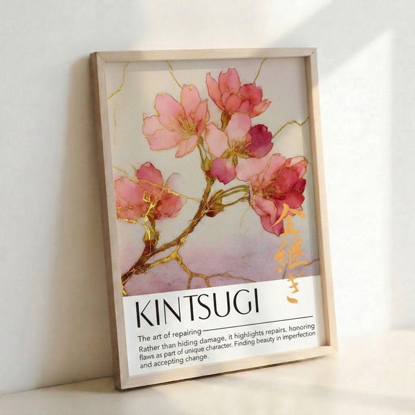 Framed watercolor artwork of blossoming cherry branch with kintsugi-style gold leaf elements, evoking peaceful zen garden spirituality.