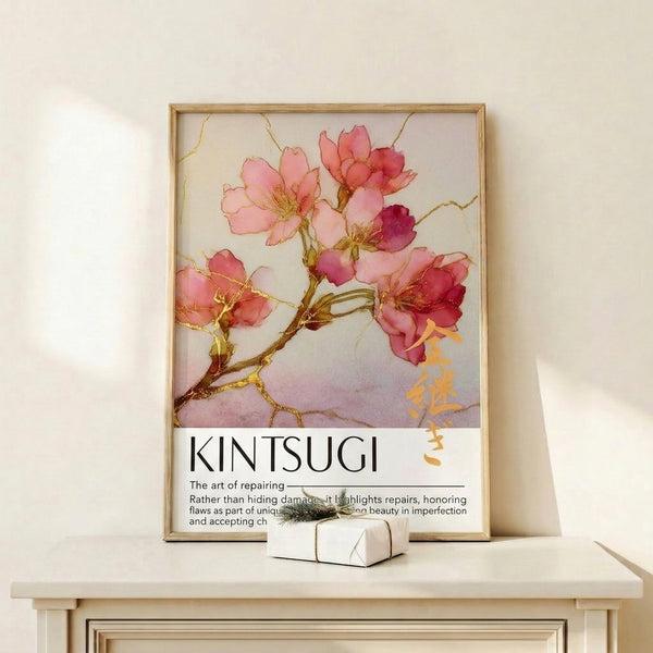 Healing botanical art print in soft dusty rose and cream with gold accents, capturing the serene essence of cherry blossoms in Japandi style.