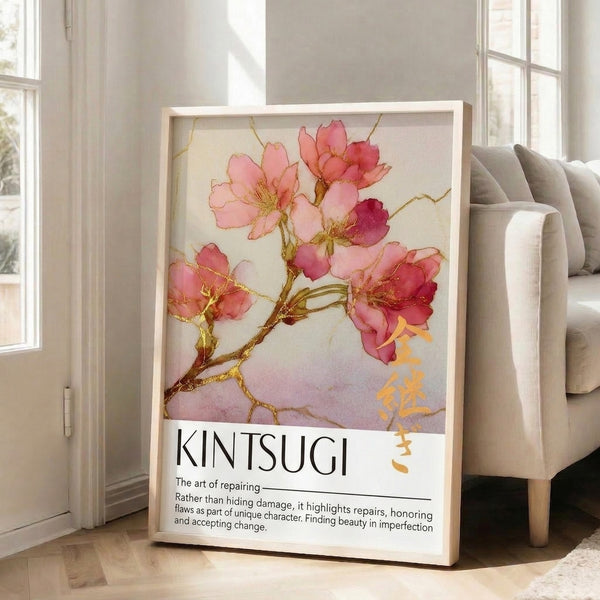Philosophical watercolor poster of flowering cherry branch adorned with gold leaf, blending deep rose, cream, and olive green tones.