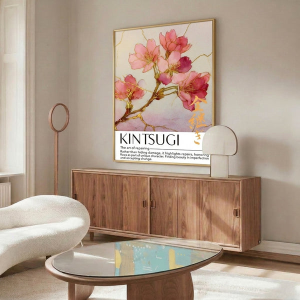 Minimalist framed cherry blossom watercolor with gold leaf details in soft pink and cream, evoking the quiet elegance of Japanese wabi-sabi design.