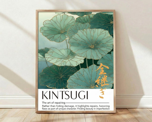 Serene Japandi botanical print featuring stylized lotus leaves in teal, sage green, and cream with gold accents, embodying wabi sabi philosophy and zen garden aesthetics.