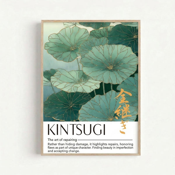 Minimalist framed art print of delicate lotus water lily leaves in soft teal and sage tones with golden details, evoking tranquility and acceptance of imperfection.
