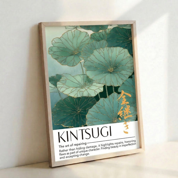 Contemplative kintsugi-inspired botanical wall art showcasing lotus leaves in muted blue-green hues with cream and gold highlights, perfect for zen-inspired spaces.