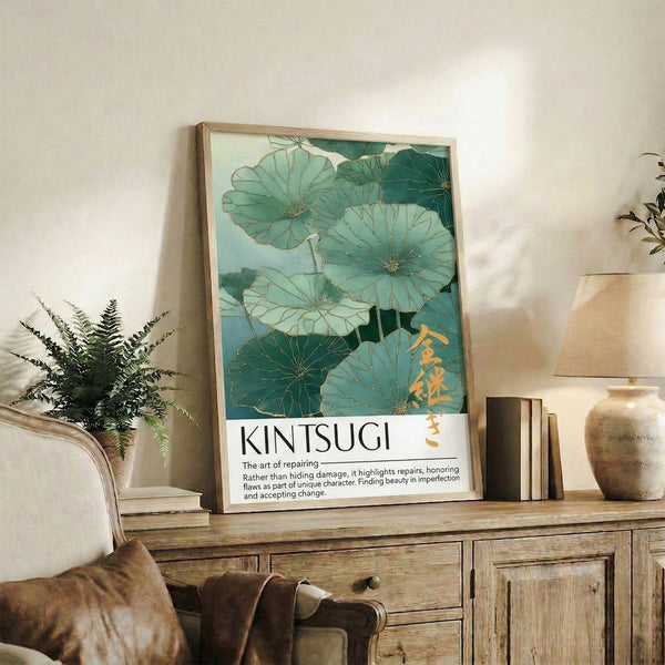 Minimalist Asian-inspired wall art depicting abstract lotus leaves in soft sage and teal with golden kintsugi-style accents, creating a serene focal point.