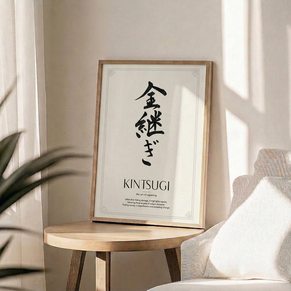 Japandi wall art print in neutral cream, black, and taupe featuring meditative calligraphy and flowing brushstrokes expressing philosophical wisdom.