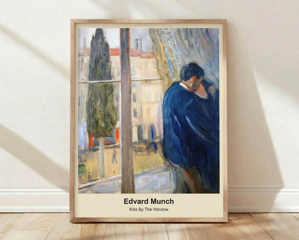 Framed impressionist poster depicting an intimate couple kissing by a window, rendered in deep blues, warm ochres, and muted greens with a melancholic, emotionally charged mood.