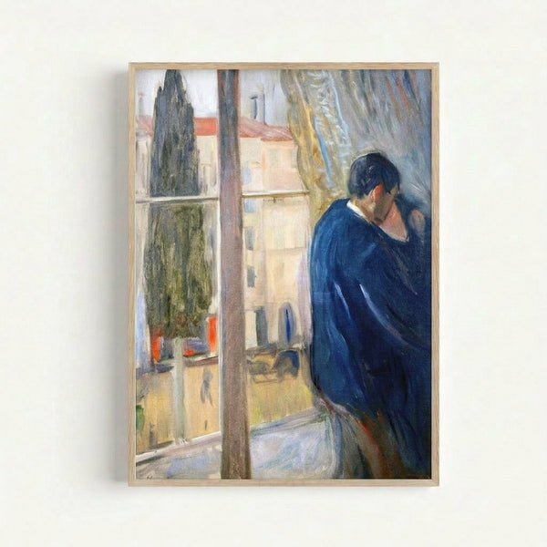 Surreal art print showing two figures in an embrace beside a window, featuring moody shadow grays and ochre tones that evoke vulnerability and romantic tension.