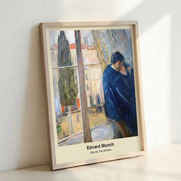 Melancholic poster artwork of a couple sharing a kiss framed against a windowpane, painted in cool blues and warm earth tones with an introspective, tender atmosphere.
