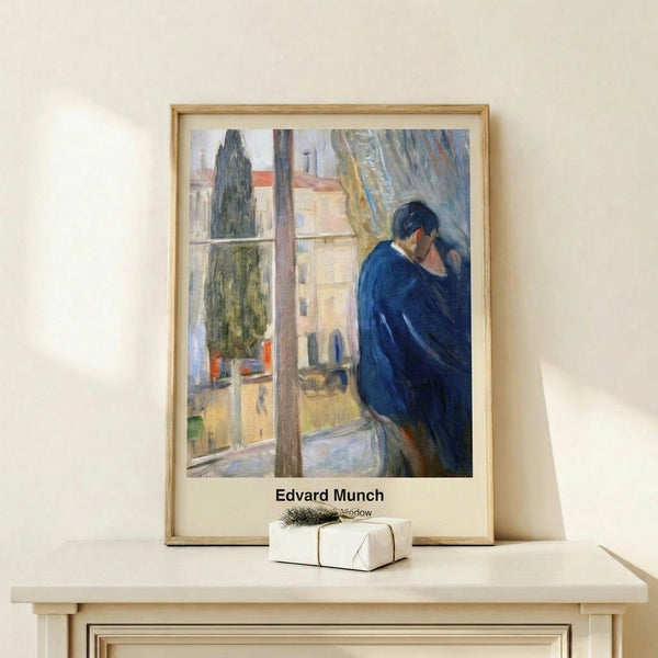 Impressionist-style wall art capturing an intimate window-side embrace between two figures in deep blue and ochre hues, conveying quiet emotional depth.