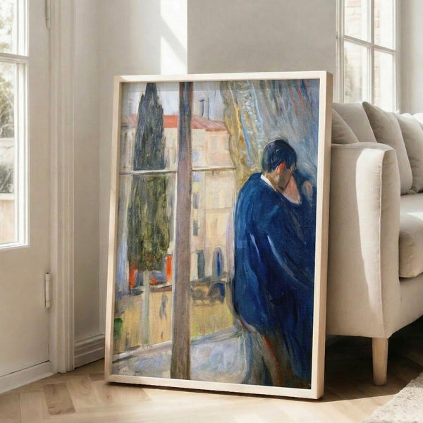 Vintage-inspired framed print of a kissing couple by a window, blending surreal elements with muted greens and grays for a hauntingly intimate composition.