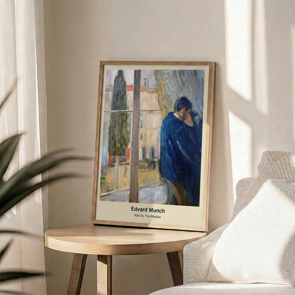 Art print featuring an emotionally charged scene of two figures in close embrace beside a window, rendered in impressionist style with moody shadow tones and warm accents.