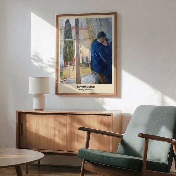 Framed poster artwork showing a melancholic window scene with an embracing couple, executed in cool and warm tones that capture vulnerability and romantic tension.