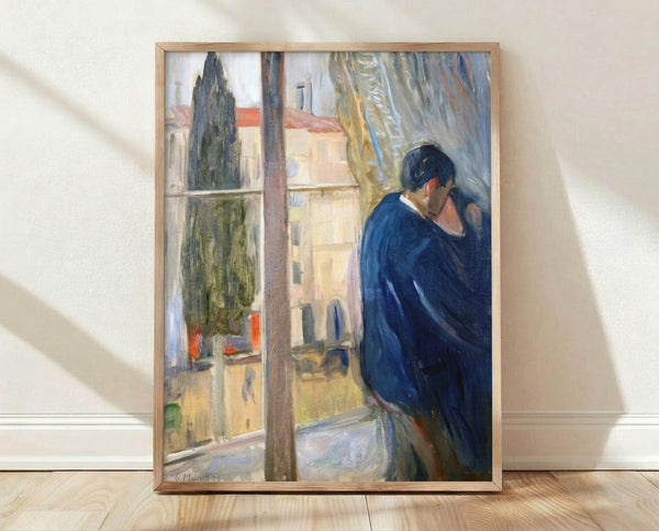 Framed art print of two figures embracing by a window in muted earth tones and soft greens, rendered in an expressionist style with intimate, contemplative mood.