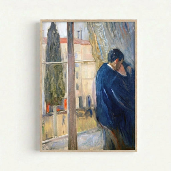Vintage-style poster depicting a romantic couple kissing silhouetted against a window, featuring subdued colors and early 20th-century artistic sensibility.