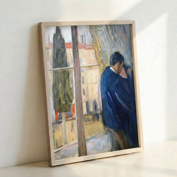 Expressionist wall art showing an embrace between two people by candlelit window, painted in warm ochres and cool greens with melancholic atmosphere.