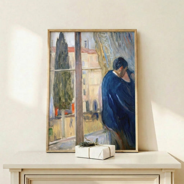 Framed poster of an intimate window scene with two figures in soft focus, rendered in muted palette evoking quiet nostalgia and tender emotion.