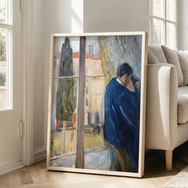 Romantic vintage art print featuring a couple's silhouette at a window in cool greens and warm neutrals, capturing a moment of quiet connection.