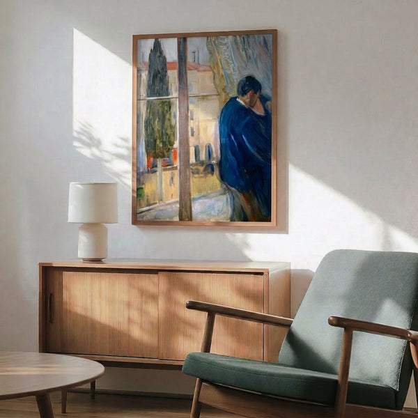 Expressionist-style framed artwork depicting an intimate kiss by a window, dominated by soft earth tones and creating a contemplative, peaceful mood.