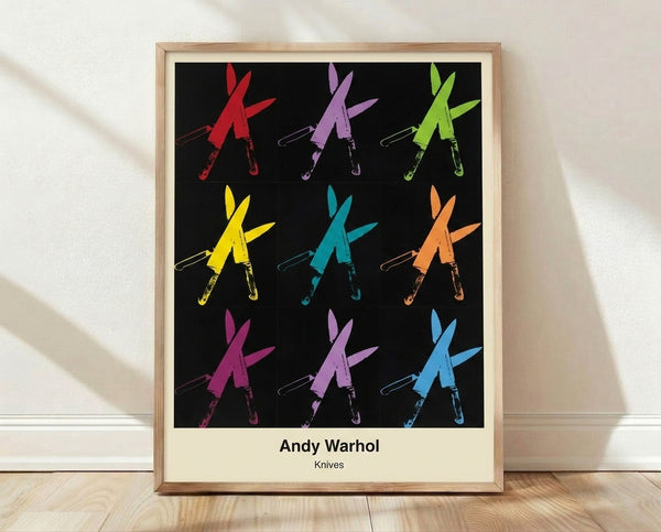 Pop art poster featuring repeated knife silhouettes in black, white, and red, exploring themes of violence and repetition in a stark, provocative style.